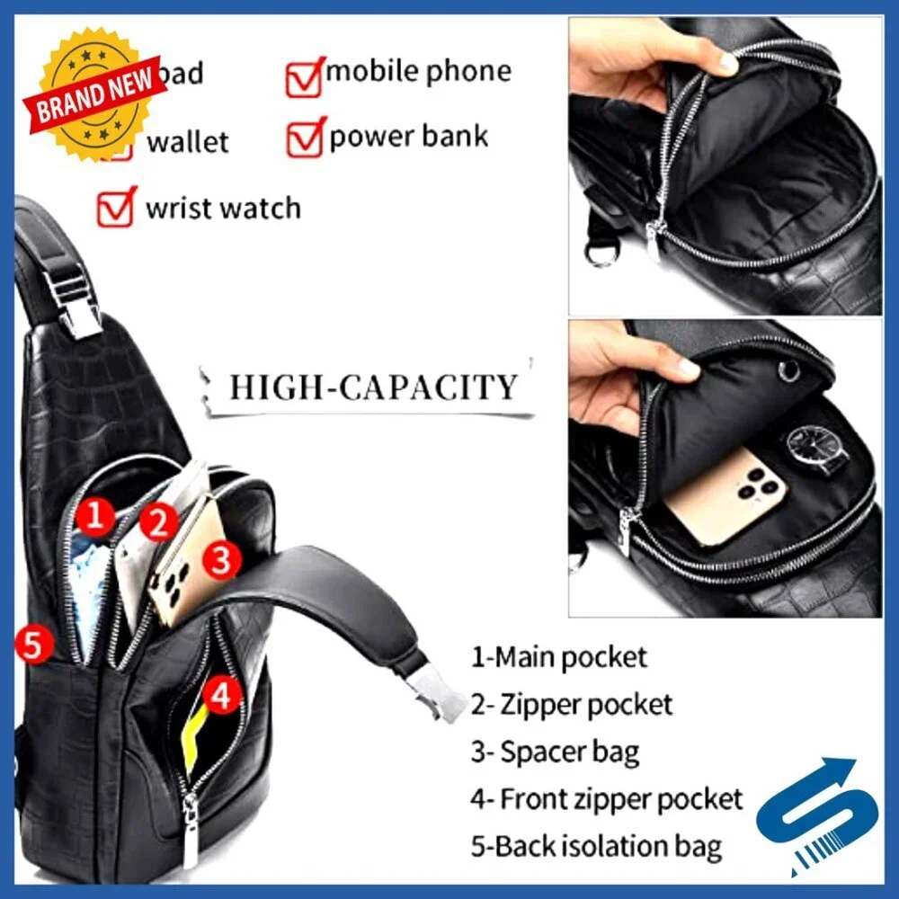 Men's Water Resistant PU Leather Sling Backpack Crossbody Travel Bag